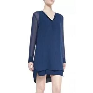 VINCE Navy Blue 100% Silk Cocktail Party Dress Sz 4 Small V Neck Midi Elegant